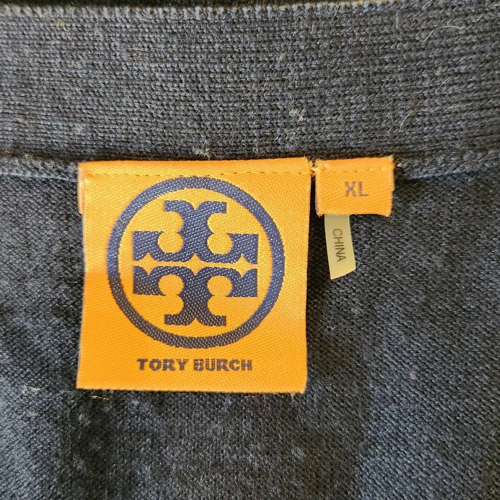 Tory Burch Wool Cardigan Floral Plaid Mixed Media Navy Blue XL